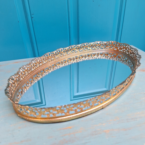 Vintage Vanity Mirror Tray Gold Perfume Trey MCM Art Deco Oval Shape Ornate Mint - Picture 9 of 11